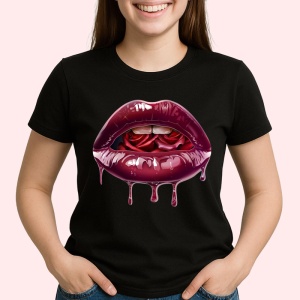 Tricou Buze femeie bordo cu trandafir rosu, Lip gloss, Copii | Dama, culoare negru