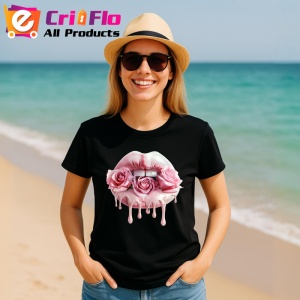 Tricou Buze femeie colorate cu trandafiri in nuante calde, Lip gloss, Copii | Dama, culoare negru - Img 11