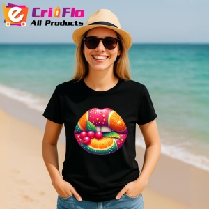 Tricou Buze femeie cu efect metalic si trandafir roz, Lip gloss, Copii | Dama, culoare negru - Img 11
