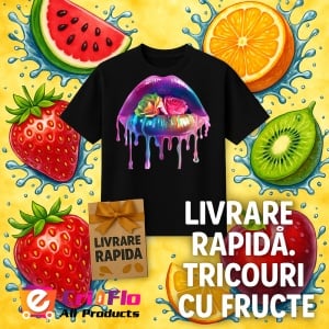 Tricou Buze femeie cu trandafir roz si stropi mov, Lip gloss, Copii | Dama, culoare negru - Img 18