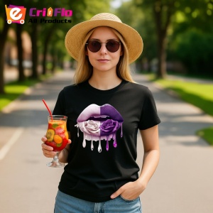 Tricou Buze femeie curcubeu cu trandafir galben, Lip gloss, Copii | Dama, culoare negru - Img 8