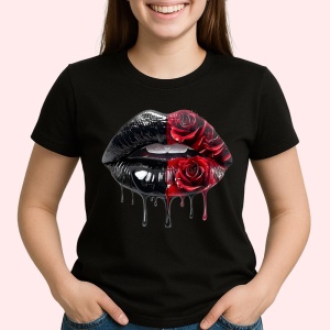 Tricou Buze femeie intense cu trandafiri rosii pictati, Lip gloss, Copii | Dama, culoare negru - Img 2