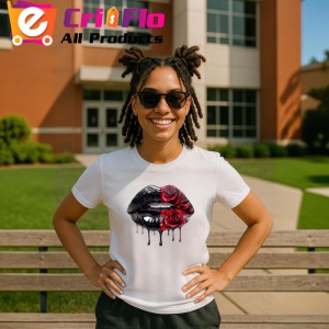 Tricou Buze femeie intense cu trandafiri rosii pictati, Lip gloss, Copii | Dama - Img 11