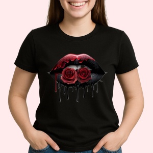 Tricou Buze femeie negre cu trandafiri rosii luciosi, Lip gloss, Copii | Dama, culoare negru - Img 2