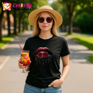 Tricou Buze femeie negre cu trandafiri rosii luciosi, Lip gloss, Copii | Dama, culoare negru - Img 9