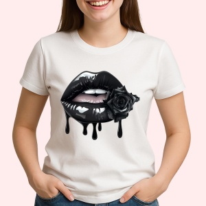 Tricou Buze femeie negre cu trandafiri turcoaz luminosi, Lip gloss, Copii | Dama - Img 3
