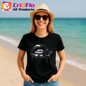 Tricou Buze femeie negre cu trandafiri turcoaz luminosi, Lip gloss, Copii | Dama, culoare negru - Img 17