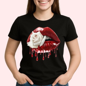 Tricou Buze femeie rosii cu trandafir alb contrastant, Lip gloss, Copii | Dama, culoare negru - Img 2