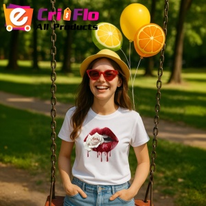 Tricou Buze femeie rosii cu trandafir alb contrastant, Lip gloss, Copii | Dama - Img 4