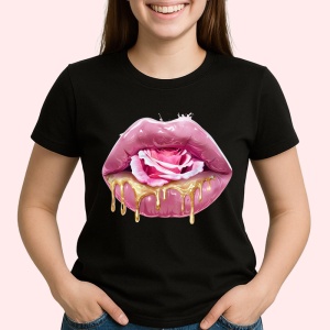 Tricou Buze femeie roz cu doua trandafiri romantici, Lip gloss, Copii | Dama, culoare negru - Img 2