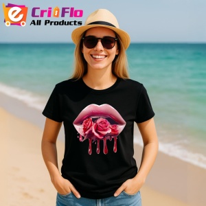 Tricou Buze femeie roz cu doua trandafiri romantici, Lip gloss, Copii | Dama, culoare negru - Img 6
