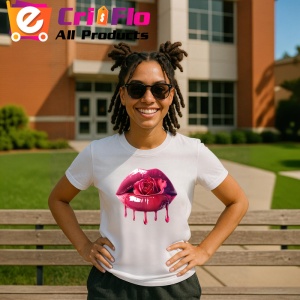 Tricou Buze femeie roz intens cu trandafir rosu si roz, Lip gloss, Copii | Dama - Img 6