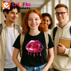Tricou Buze femeie roz intens cu trandafir rosu si roz, Lip gloss, Copii | Dama, culoare negru - Img 5