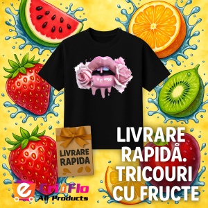 Tricou Buze femeie roz intens cu trandafir rosu si roz, Lip gloss, Copii | Dama, culoare negru - Img 12