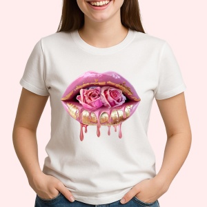 Tricou Buze femeie roz si auriu cu trandafiri roz pal, Lip gloss, Copii | Dama