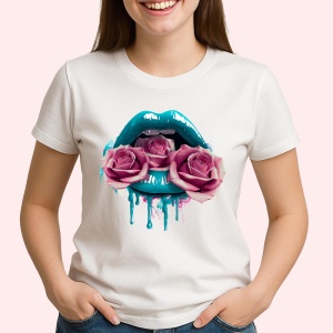 Tricou Buze femeie roz si auriu cu trandafiri roz pal, Lip gloss, Copii | Dama - Img 3