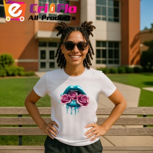Tricou Buze femeie roz si auriu cu trandafiri roz pal, Lip gloss, Copii | Dama - Img 17