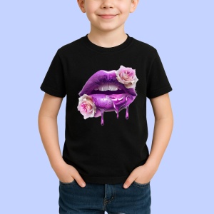 Tricou Buze jumatate rosu jumatate negru cu trandafiri, Lip gloss, Copii | Dama, culoare negru - Img 3