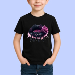 Tricou Buze negre cu doi trandafiri rosii, Lip gloss, Copii | Dama, culoare negru - Img 2