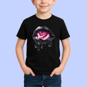 Tricou Buze negre cu trandafir rosu aprins, Lip gloss, Copii | Dama, culoare negru - Img 2