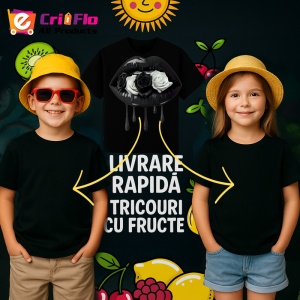Tricou Buze negre cu trandafir roz inchis, Lip gloss, Copii | Dama, culoare negru - Img 18