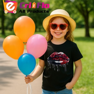 Tricou Buze negre cu trandafiri rosii luciosi, Lip gloss, Copii | Dama, culoare negru - Img 4