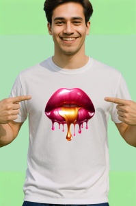 Tricou Buze rosii lucioase cu efect lichid fundal alb Copii | Dama | Barbat - Img 2