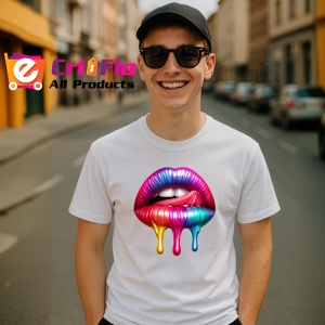 Tricou Buze roz mov cu efect lichid lucios fundal alb Copii | Dama | Barbat - Img 5