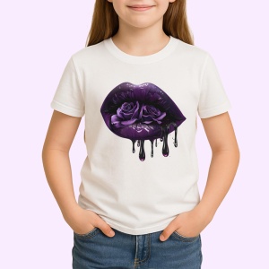 Tricou Buze violet cu trandafiri roz si mov, Lip gloss, Copii | Dama - Img 2