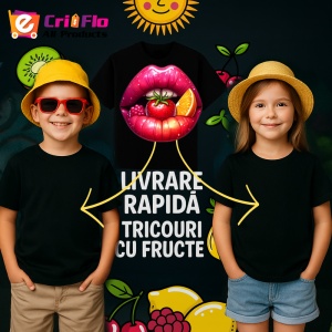 Tricou Buze violet cu trandafiri roz si mov, Lip gloss, Copii | Dama, culoare negru - Img 18