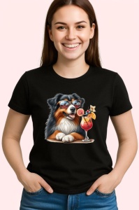 Tricou Caine australian shepherd ochelari cocktail rosu portocaliu, Copii | Dama | Barbat , tricou negru