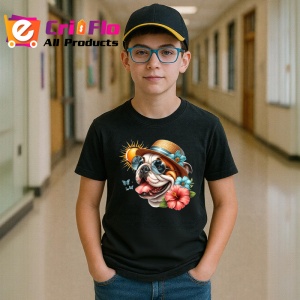 Tricou Caine bulldog englez palarie flori cocktail soare, Copii | Dama | Barbat , tricou negru - Img 5