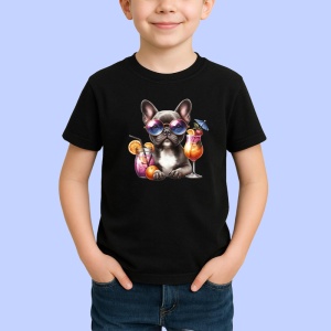 Tricou Caine bulldog francez ochelari cocktail tropical roz, Copii | Dama | Barbat , tricou negru - Img 2