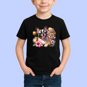 Tricou Caine bulldog francez ochelari plaja flori cocktail, Copii | Dama | Barbat , tricou negru - Img 2
