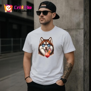 Tricou caine husky ochelari cocktail roz cu floare, Copii | Dama | Barbat