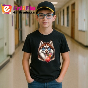 Tricou Caine husky ochelari cocktail roz cu floare, Copii | Dama | Barbat , tricou negru - Img 5