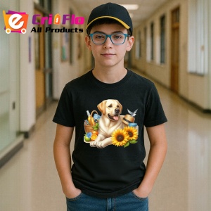 Tricou Caine labrador cos picnic floarea soarelui vara, Copii | Dama | Barbat , tricou negru - Img 6