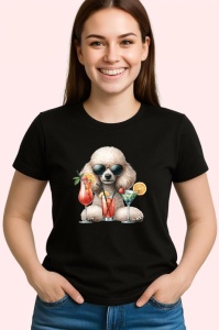 Tricou Caine pudel alb ochelari cocktail rosu lamaie, Copii | Dama | Barbat , tricou negru