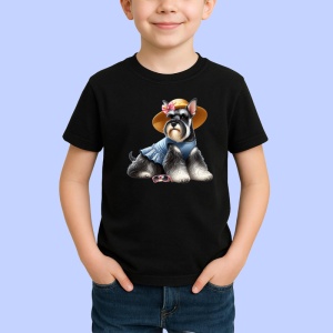 Tricou Caine schnauzer palarie paie camasa albastra vara, Copii | Dama | Barbat , tricou negru - Img 2