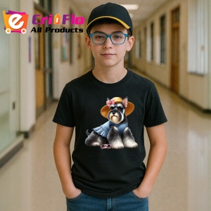 Tricou Caine schnauzer palarie paie camasa albastra vara, Copii | Dama | Barbat , tricou negru - Img 5