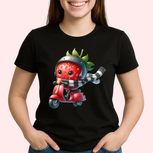 Tricou Capsuna amuzanta de vara pe scuter, Fructe, Copii | Dama, culoare negru - Img 2
