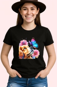 Tricou Cavalier King Charles Spaniel cu fluture violet si margarete Copii | Dama | Barbat, negru - Img 4