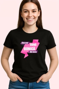 Tricou Cea Mai Buna Bunica Roz, din bumbac 100%, tricou negru, Dama | Barbat - Img 2