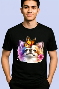 Tricou Chihuahua alb cu fluture portocaliu pe cap design de poveste Copii | Dama | Barbat, negru - Img 2