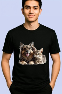 Tricou Ciobanesc German si pisica tigrata moment de relaxare Copii | Dama | Barbat, negru - Img 2
