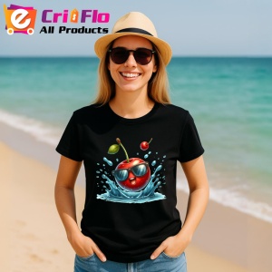 Tricou Cireasa de vara amuzanta sarind in apa, Fructe, Copii | Dama, culoare negru - Img 11