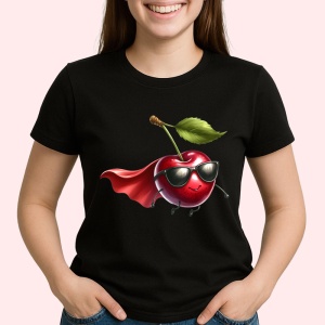 Tricou Cireasa de vara amuzanta super erou, Fructe, Copii | Dama, culoare negru - Img 2