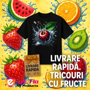 Tricou Cireasa si valuri de apa, Fructe, Copii | Dama, culoare negru - Img 12