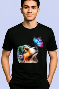 Tricou Collie australian cu fluture mov si roz pe nas design pastelat Copii | Dama | Barbat, negru - Img 2
