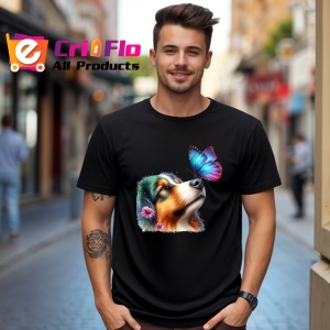 Tricou Collie australian cu fluture mov si roz pe nas design pastelat Copii | Dama | Barbat, negru - Img 6